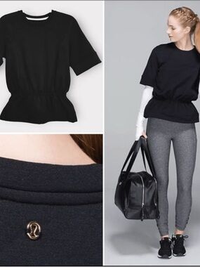 Lululemon Peplum Pullover 6
Black Women Short Sleeve
Fleece Sweatshirt Top